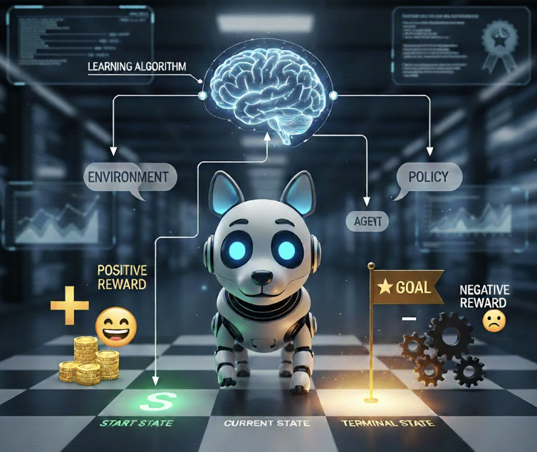 에이전트가 환경(STATE) 속에서 행동하며 목표에 도달하는 과정에서 받는 보상(REWARD)을 통해 학습(LEARNING ALGORITHM)하는 강화 학습의 순환 고리를 시각적으로 보여줍니다