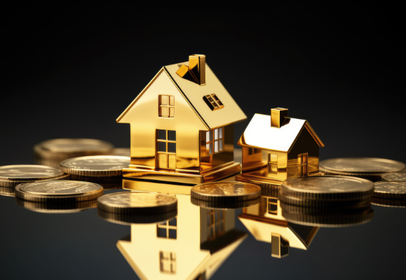 황금색 집 모형과 동전들