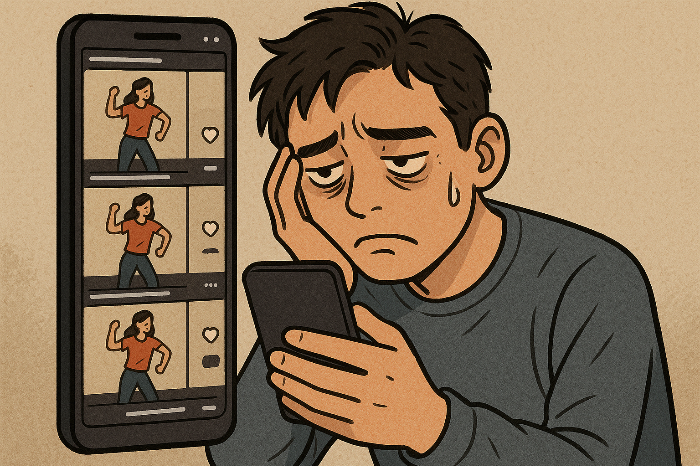 비슷한 숏폼 영상이 반복적으로 보이는 스마트폰과 피로를 느끼는 사람