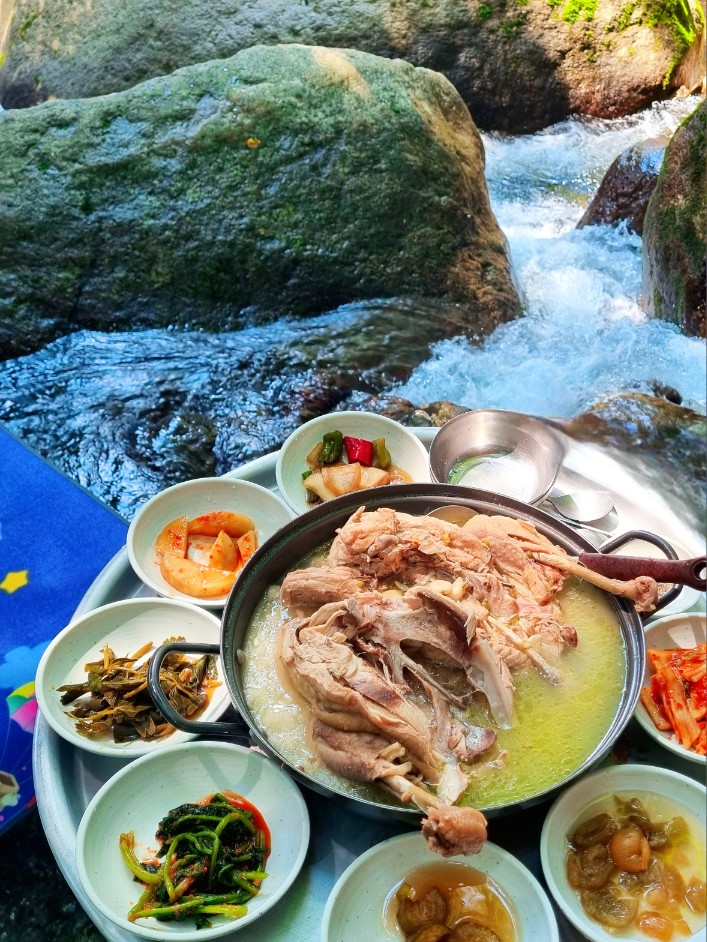 지리산 하동 쌍계사 계곡 신진식당 옆 신흥식당: 계곡 물놀이, 발 담그고 백숙 먹기