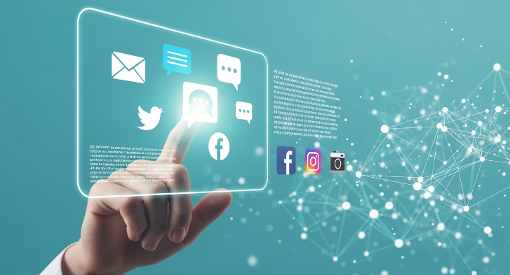 이메일과 SNS 답변을 AI로 자동화하는 과정을 보여주는 이미지. 손이 가상 스크린과 상호작용하며 AI 템플릿으로 소통 효율을 높이는 장면.