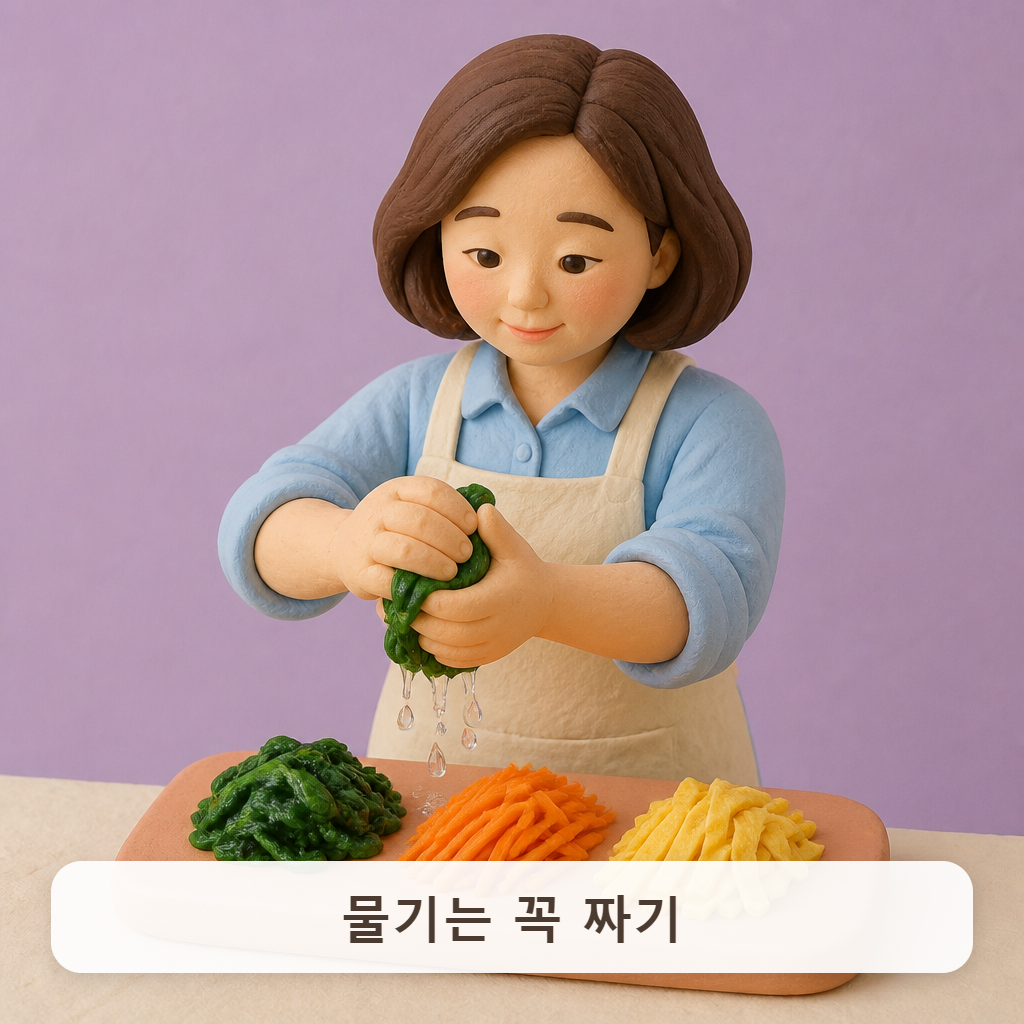 도마 위에서 물기를 꼭 짠 김밥 재료