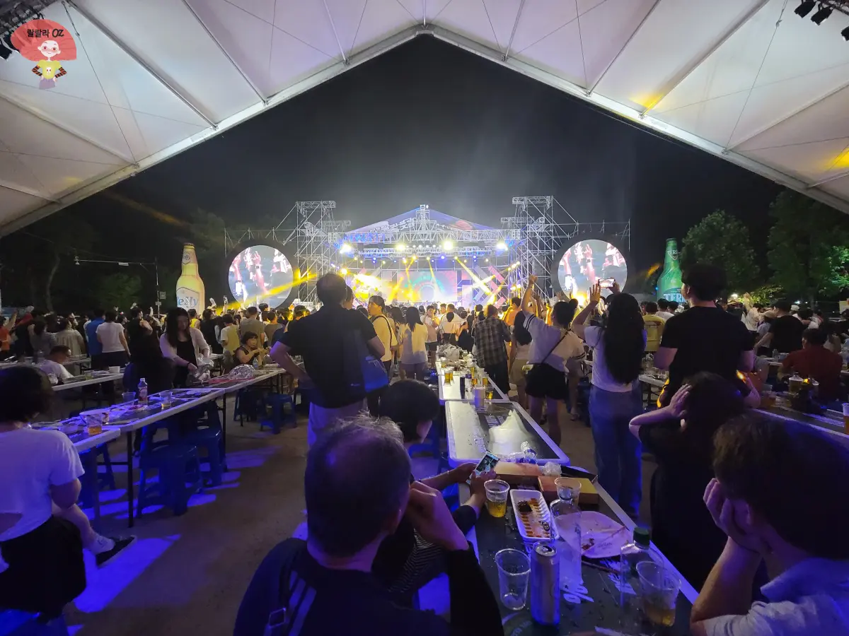 강원도-홍천-맥주축제-무대-앞-사람들-먹고-사진-찍고-서서-춤추며 즐기는-모습