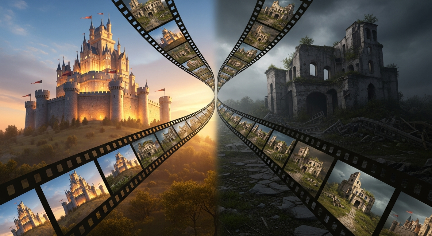 하나의 필름 스트립이 두 갈래 길로 나뉘어, 한쪽은 견고하고 빛나는 성(성공)으로, 다른 한쪽은 무너져 내리는 폐허(실패)로 이어지는 이미지