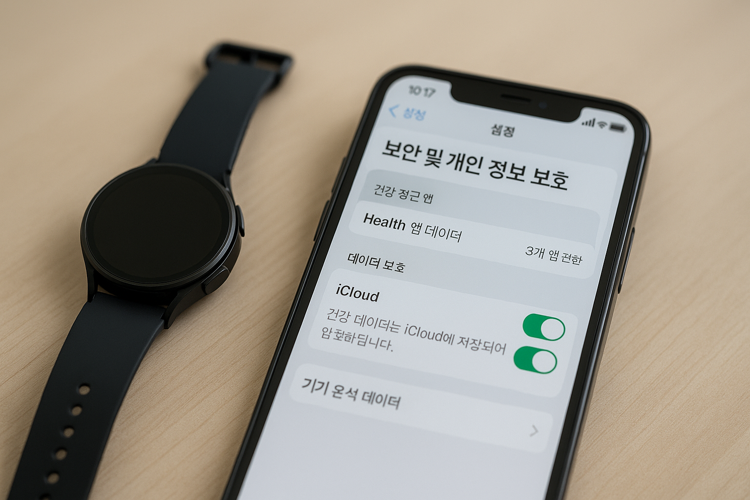 스마트워치와 스마트폰으로 건강 데이터 권한과 암호화 설정을 관리하는 모습
