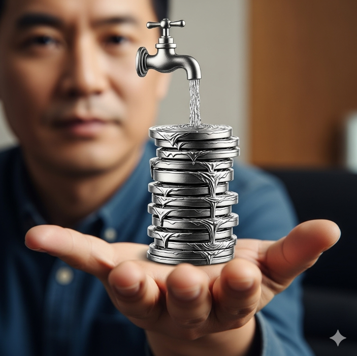 사람의 손바닥 위에 여러 개의 동전이 차곡차곡 쌓여 탑을 이루고 있다. 동전들이 마치 수도꼭지에서 떨어지는 물방울처럼 규칙적으로 떨어지는 모습을 형상화하여 현금흐름의 안정성을 강조한다.