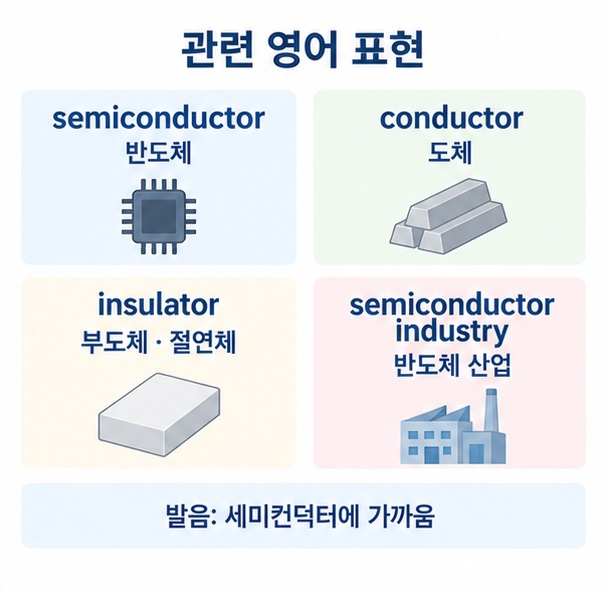 semiconductor와 conductor, insulator, semiconductor industry의 뜻을 비교한 이미지