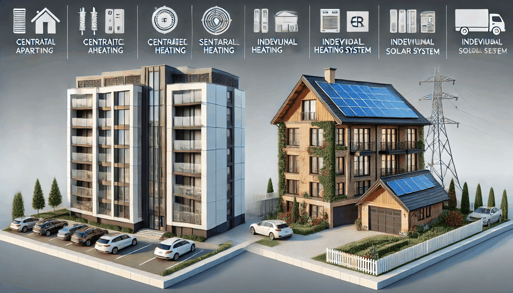 아파트와 단독주택의 설비 차이를 비교하여 각각의 특징을 시각적으로 보여주는 이미지