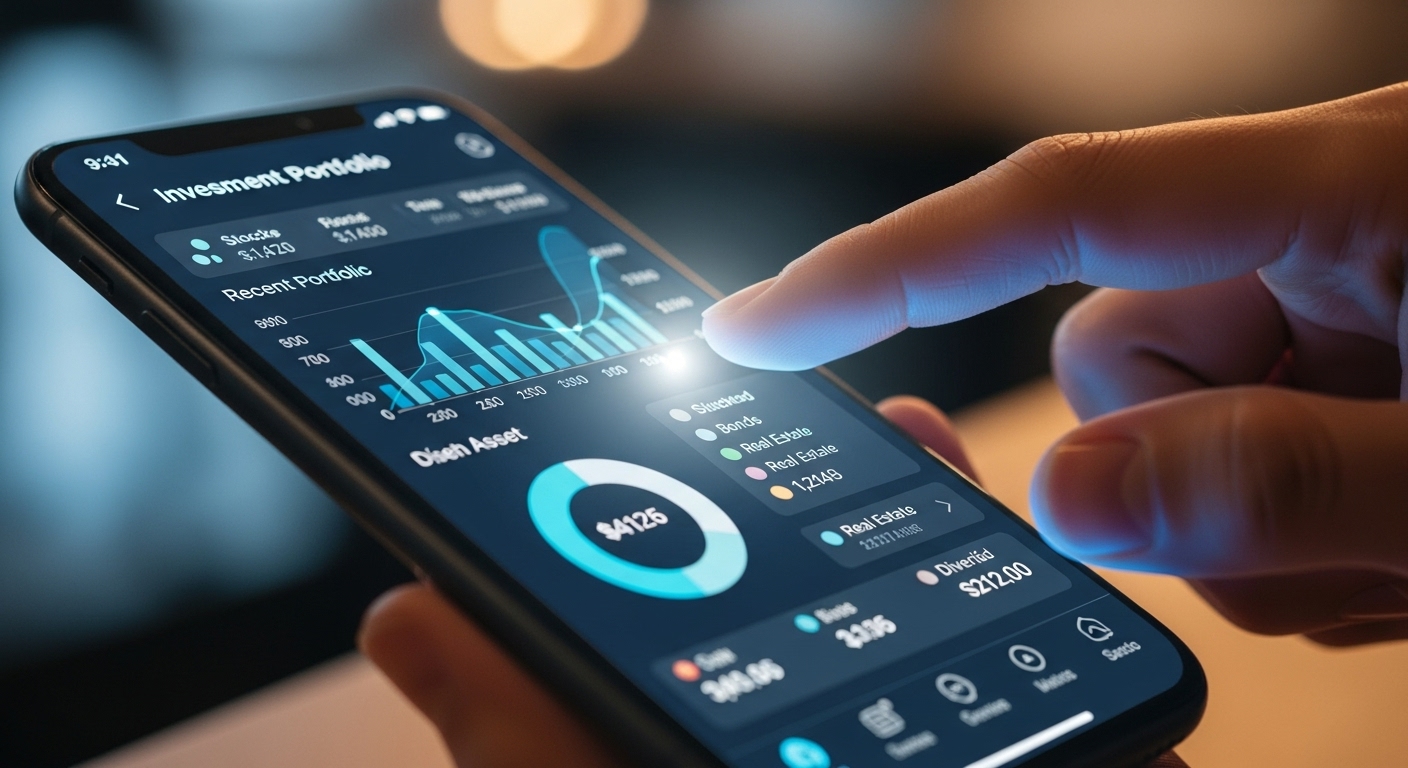 사용자가 스마트폰 앱으로 개인화된 투자 포트폴리오를 관리하는 모습으로, 로보어드바이저의 편리한 사용자 경험을 나타냅니다.