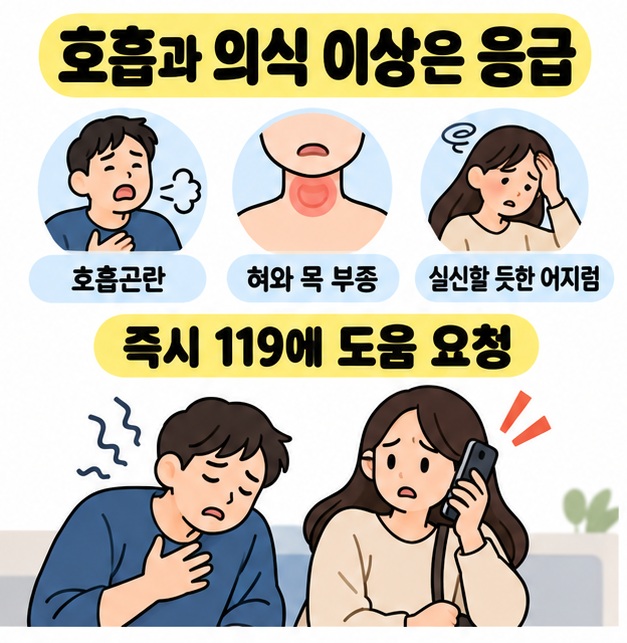 호흡곤란과 혀 및 목 부종과 어지럼을 설명하는 그림 아래 불편해하는 남성 곁에서 동행인이 전화로 응급 도움을 요청하는 모습