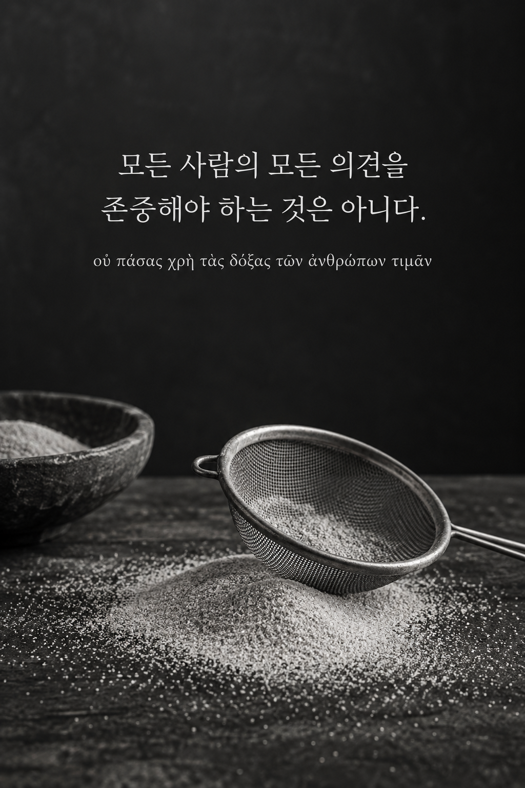 소크라테스 명언 23 &mdash; 모든 사람의 모든 의견을 존중해야 하는 것은 아니다. &mdash; 크기가 다른 체와 고운 모래