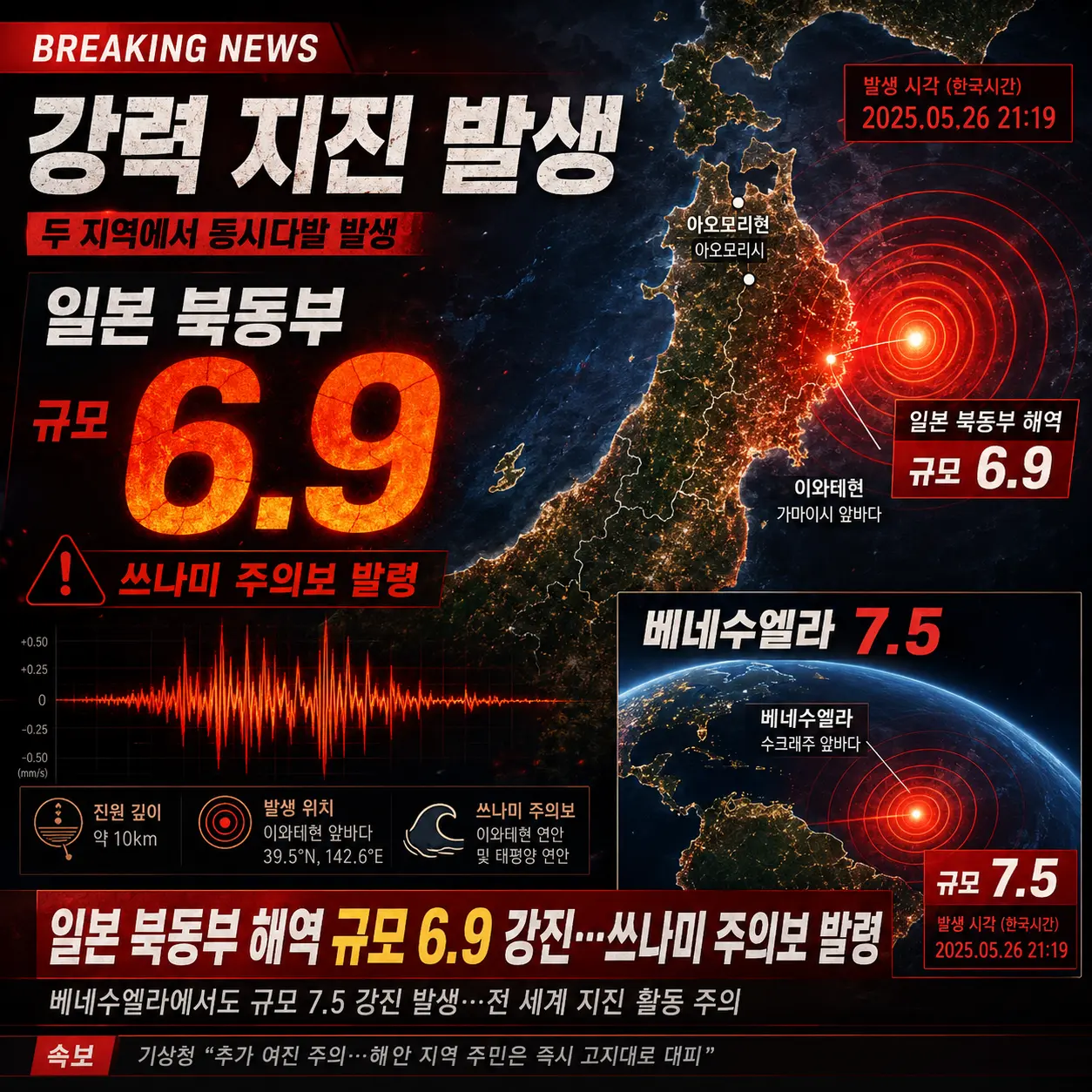 일본 규모 6.9 지진 + 베네수엘라 7.5 강진 &mdash; 불의 고리 동시 발생&middot;쓰나미&middot;한반도 영향&middot;교민 안전 총정리 2026