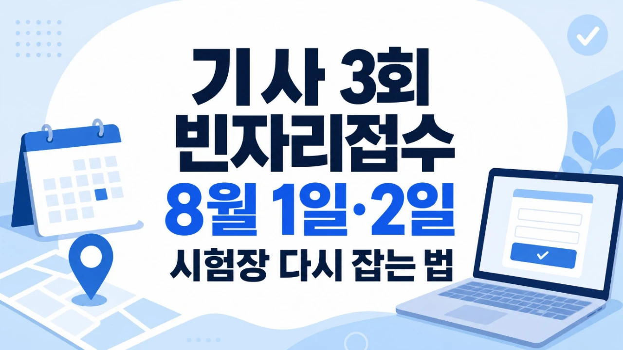 2026년 큐넷 기사 3회 빈자리접수 일정과 시험장 재선택 방법을 안내하는 이미지