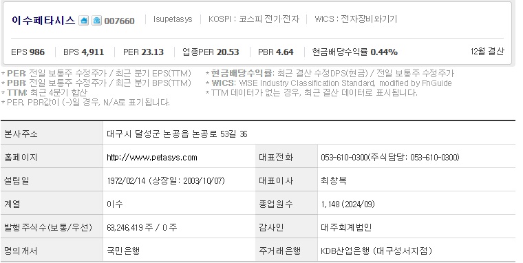 이수페타시스 주가 기업개요 (1211)