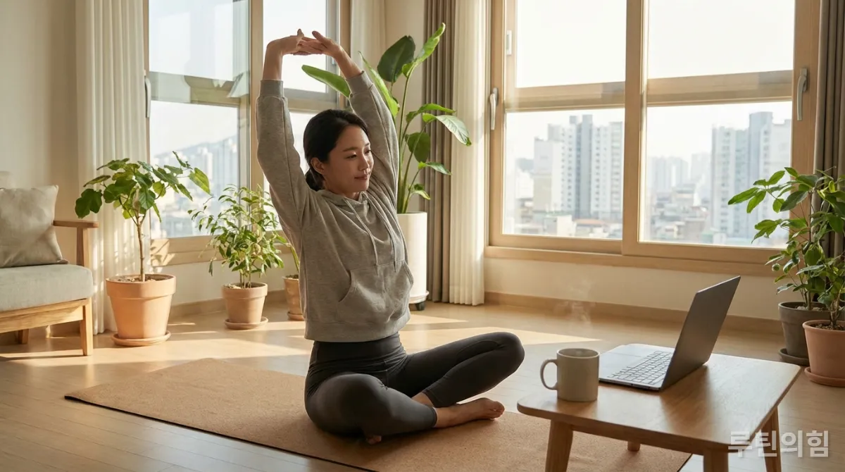 퇴근 후 집에서 스트레칭하며 피로를 푸는 직장인