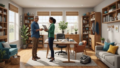 주변환경정리전문가가 고객과 의논하여 실내정돈을 하고 있다