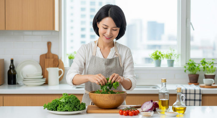 주부가 신선한 컬리 케일 스무디를 만들고 있는 이미지