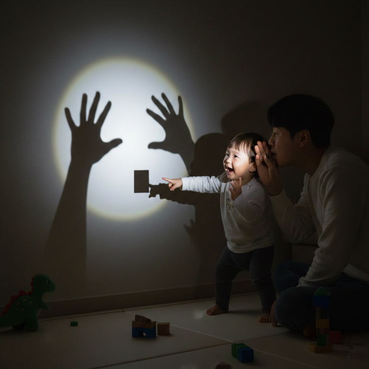 아빠와 실내놀이로 방을 어둡게 하고 손전등 놀이를 하며 그림자를 만드는 모습.