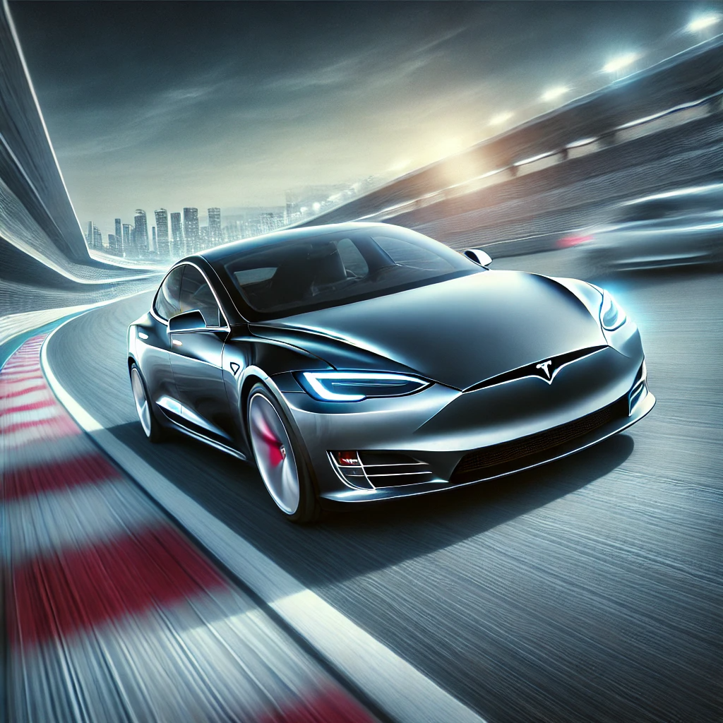 경주 트랙에서 빠르게 달리는 고성능 전기차의 가속력과 속도를 보여주는 장면.