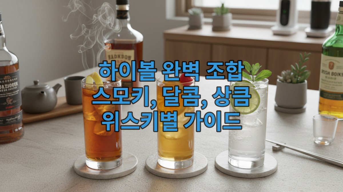 스모키, 달콤, 상큼 세 가지 맛의 하이볼이 각각의 위스키 병과 가니쉬와 함께 놓여 있는 모습. 최신 한국 스타일의 배경.