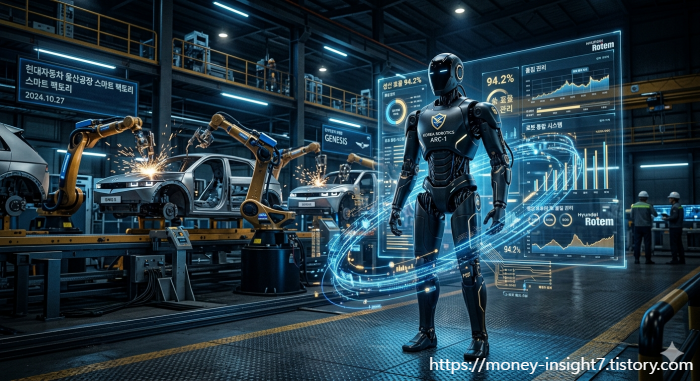 현대자동차 울산공장 스마트 팩토리를 배경으로, 중앙에 'KOREA ROBOTICS ARC-1'이라고 쓰인 검은색 인간형 로봇이 서 있고, 오른쪽에 파란색 홀로그램 디스플레이가 94.2%의 생산 효율과 품질 관리 그래프를 보여주는 인포그래픽 이미지. 배경으로는 다수의 산업용 로보틱 팔이 아이오닉 5 차량을 용접하며 스파크를 튀기고 있습니다.