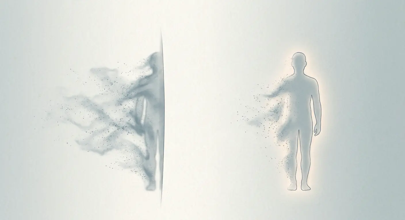 A person being disassembled and reconstructed in a teleportation process