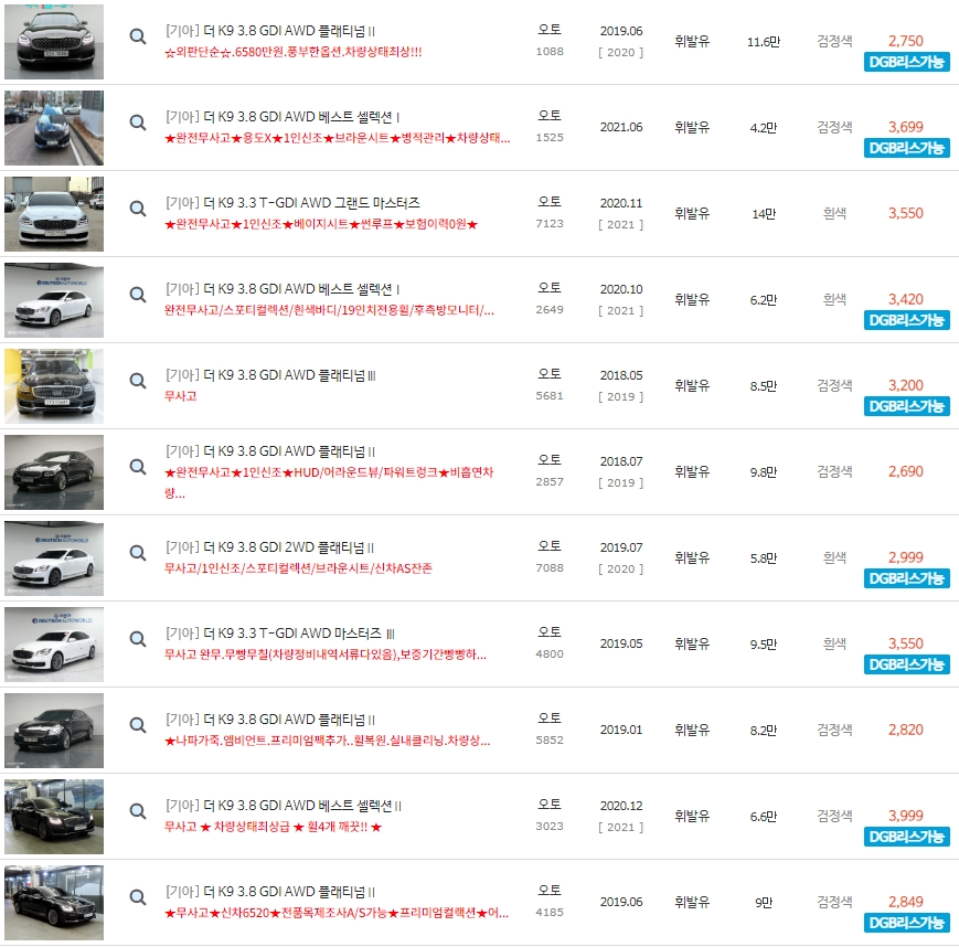 더 K9 중고차 시세 : 1,790만원~5,150만원