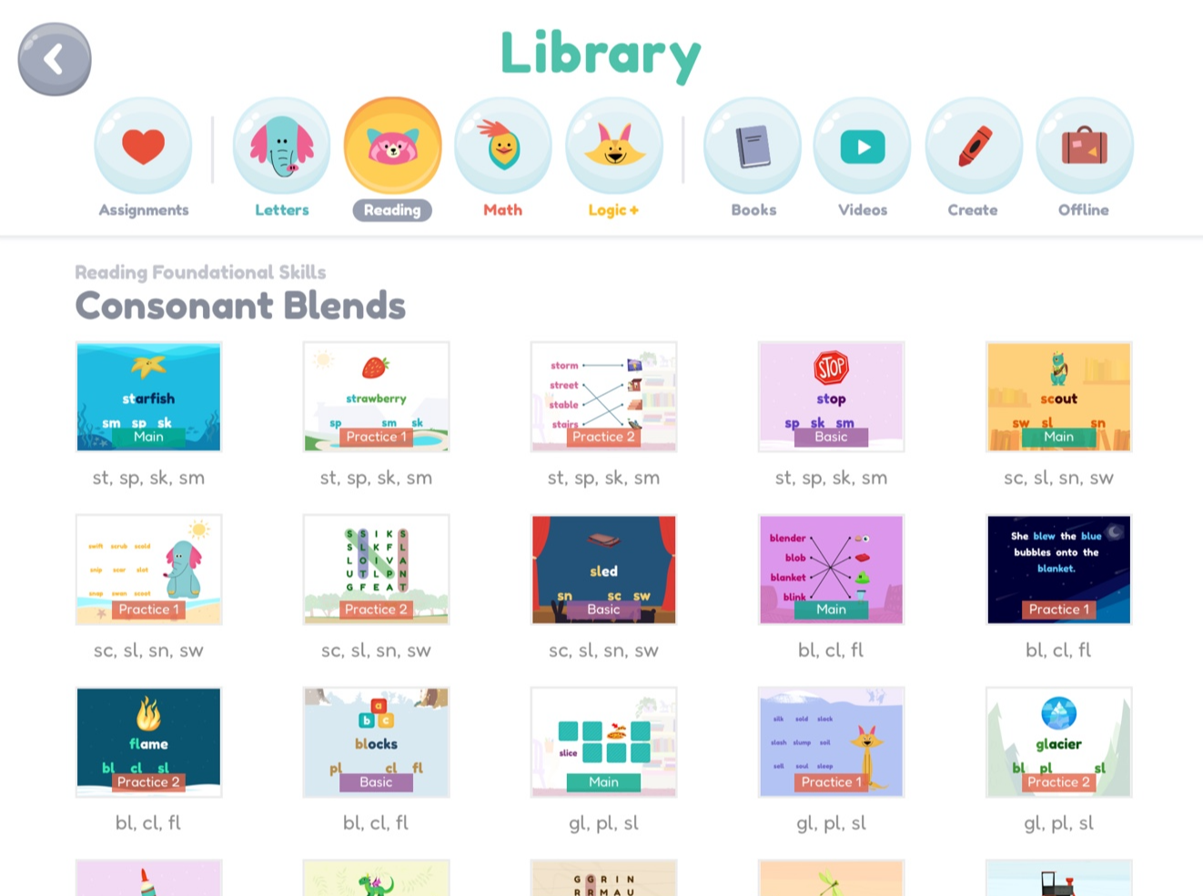 Khan Academy Kids - Foundational Skills 커리큘럼을 보여주는 사진