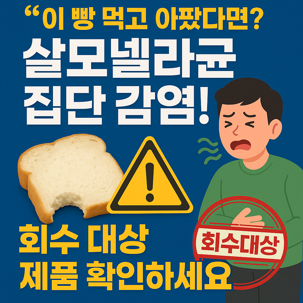 살모넬라균 집단 감염 관련 회수 대상 빵 제품을 확인하라는 경고 이미지. 식빵과 경고 아이콘이 함께 있음.