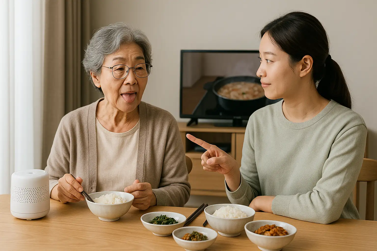 식탁에서 백색소음 기기를 사용하거나 TV를 켜두고 식사하는 장면, 어르신에게 혀 운동을 권유하는 모습