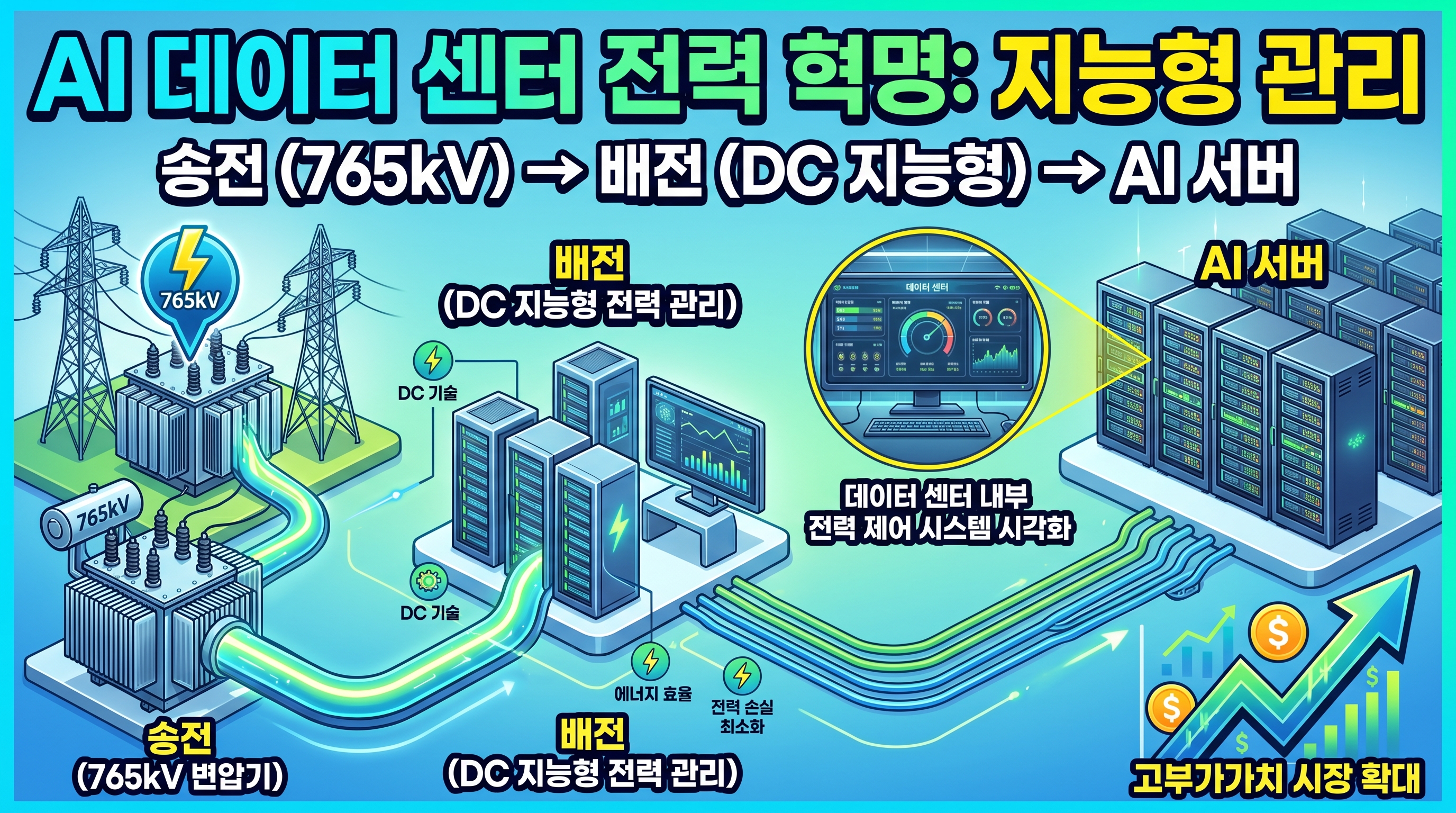 AI 데이터센터 배전반 시스템: 송전(765kV 변압기) → 배전반(DC 지능형 전력) → AI 서버. DC 배전 기술, 지능형 전력 관리, 손실 최소화 구조. 고부가가치 시장 확대