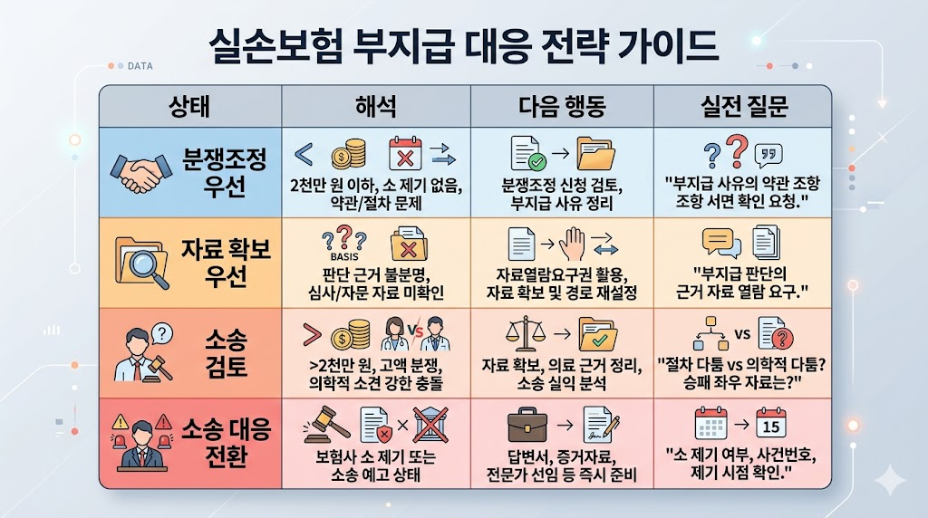 실손보험 부지급 상태별 판정표 분쟁조정 우선 자료 확보 소송 대응 기준 정리