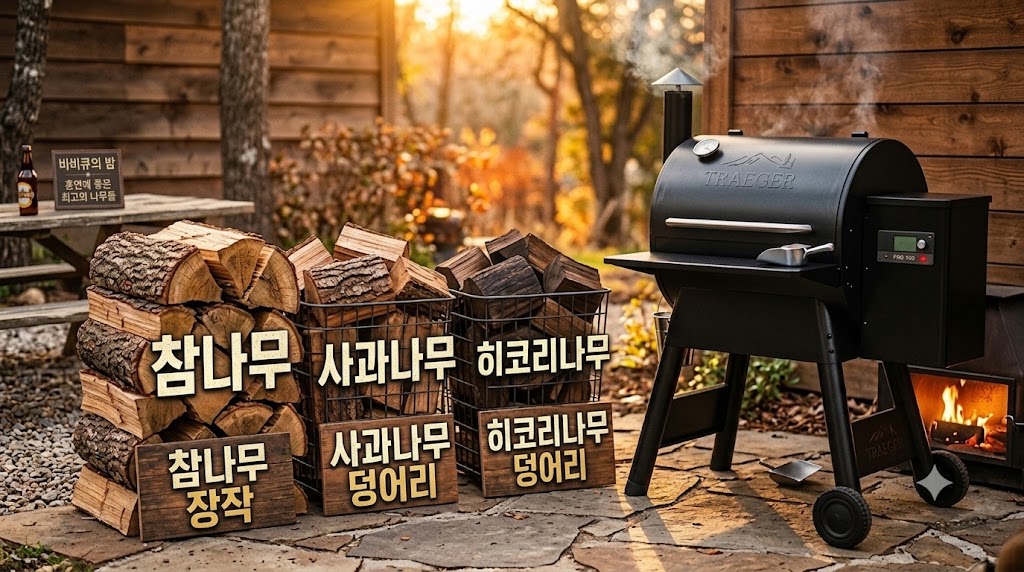 참나무 장작과 사과나무, 히코리 훈연목 덩어리가 바비큐 그릴 옆에 나란히 놓여 있는 모습