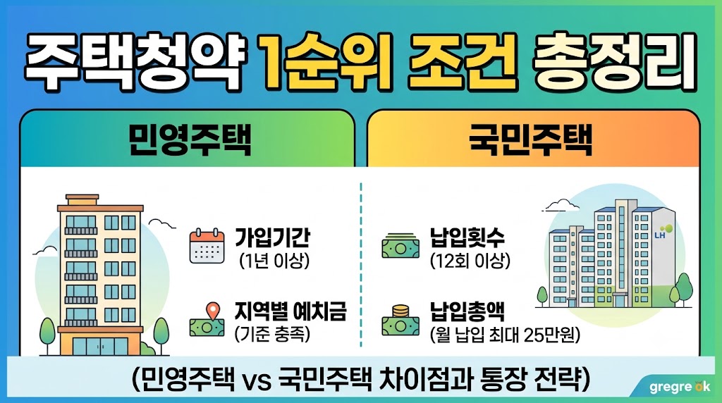 주택청약 1순위 조건을 위해 민영주택과 국민주택의 가입기간, 예치금, 납입횟수 등 핵심 차이점을 비교하고 통장 전략을 안내하는 썸네일 이미지