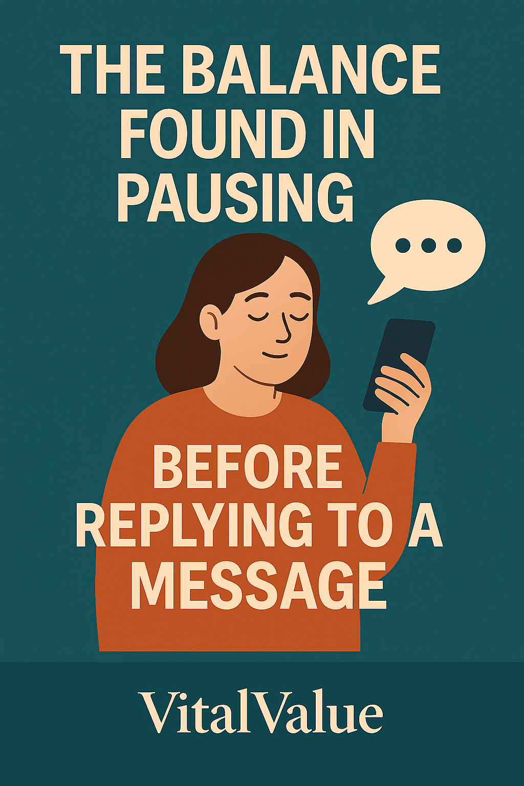 VITALVALUE poster showing a calm person holding a smartphone and pausing before replying, symbolizing emotional balance and mindful communication.