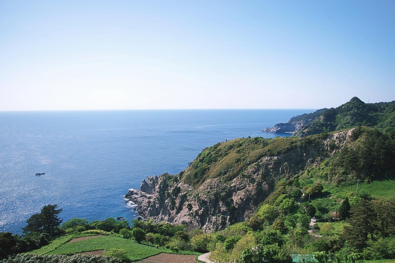 밝은 하늘 아래 펼쳐진 울릉도 경치 사진