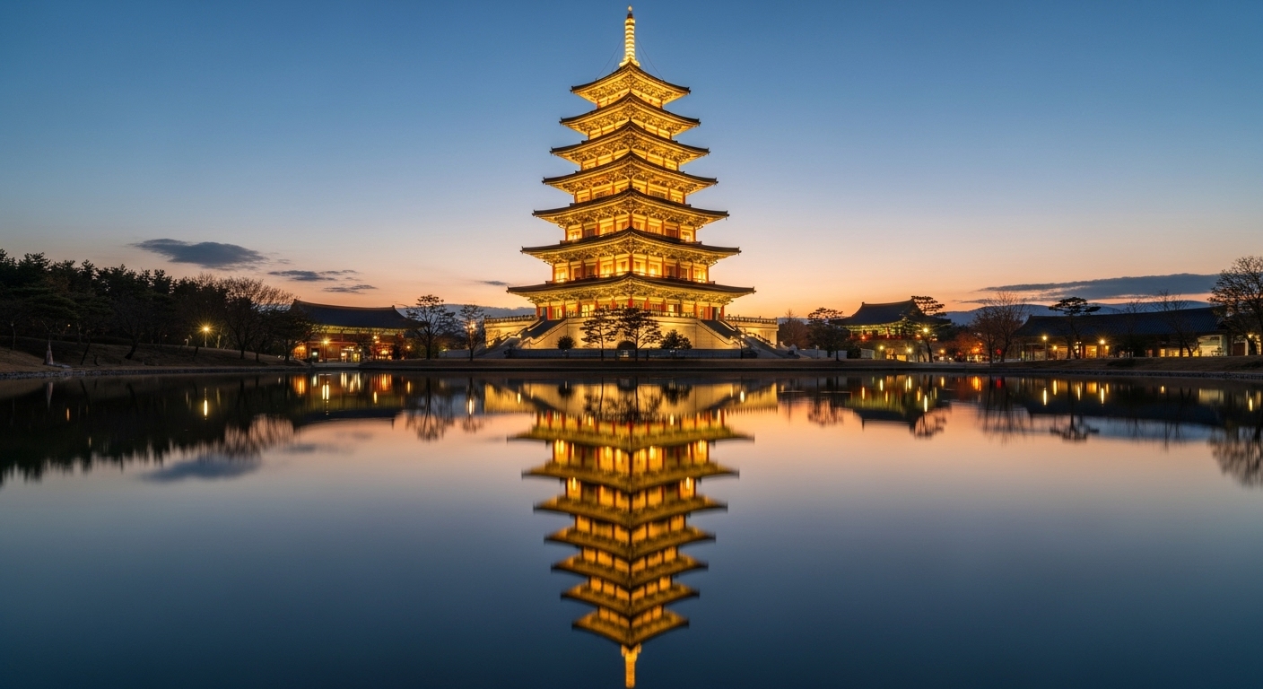 해질녘 조명이 켜진 웅장하고 아름다운 경주 황룡원의 모습