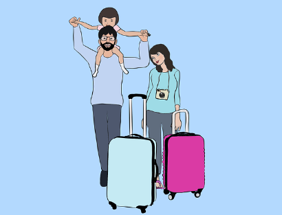 인천공항 버스 시간표를 확인한 후 편하게 이동 중인 여행객 가족 그림