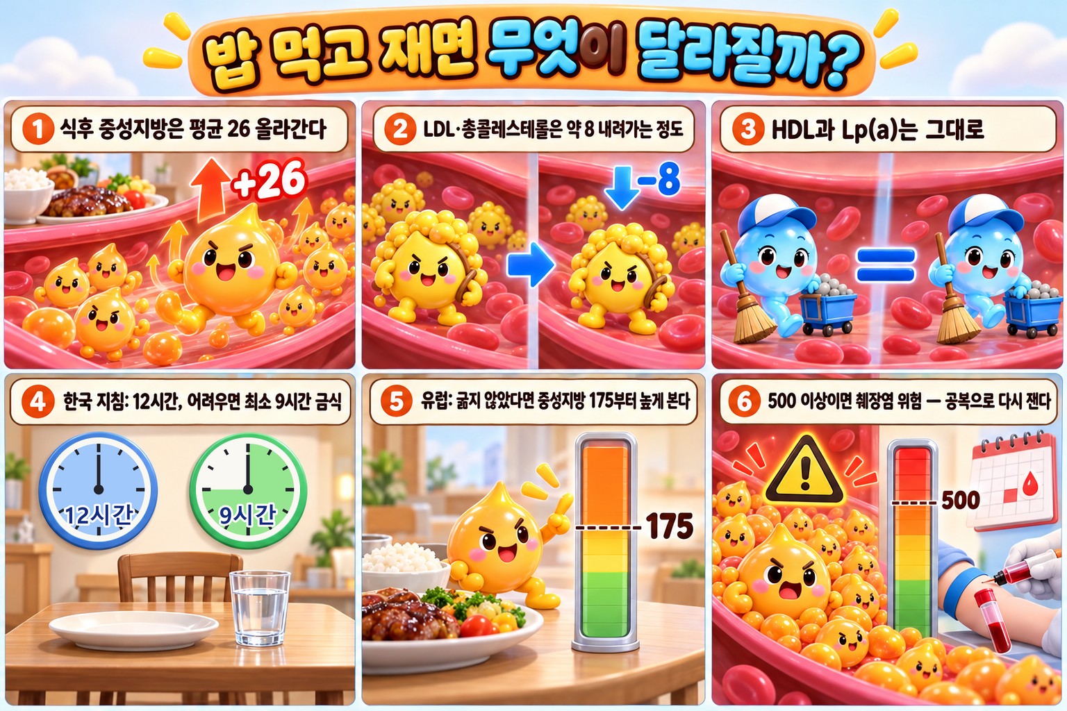 식사 전후 콜레스테롤 수치 변화를 6칸으로 그린 설명 만화