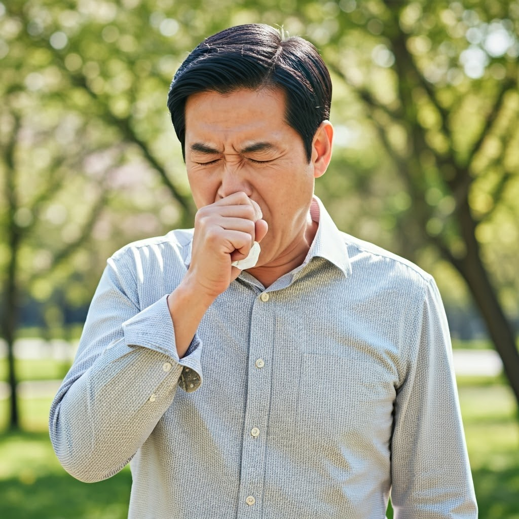면역력이 약해져서 기침하며 콧물을 닦고 있는 중장년 남성 사진