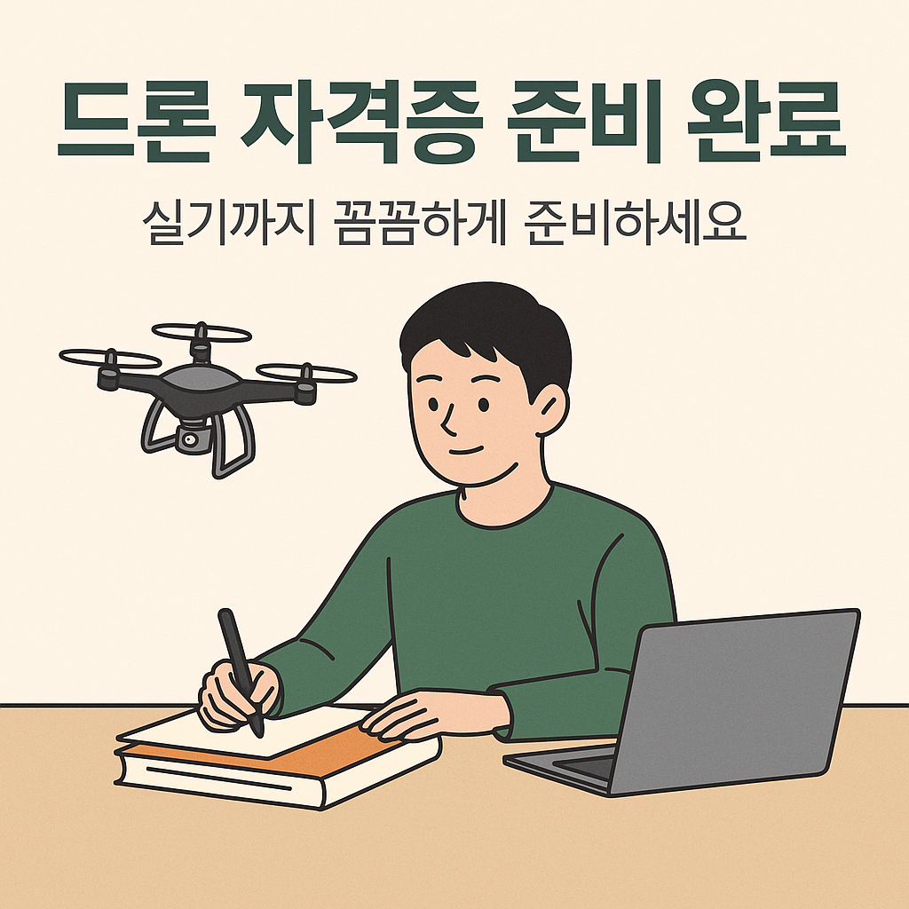 드론 자격증 실기시험을 준비하며 공부하는 수험생과 노트북, 드론 이미지