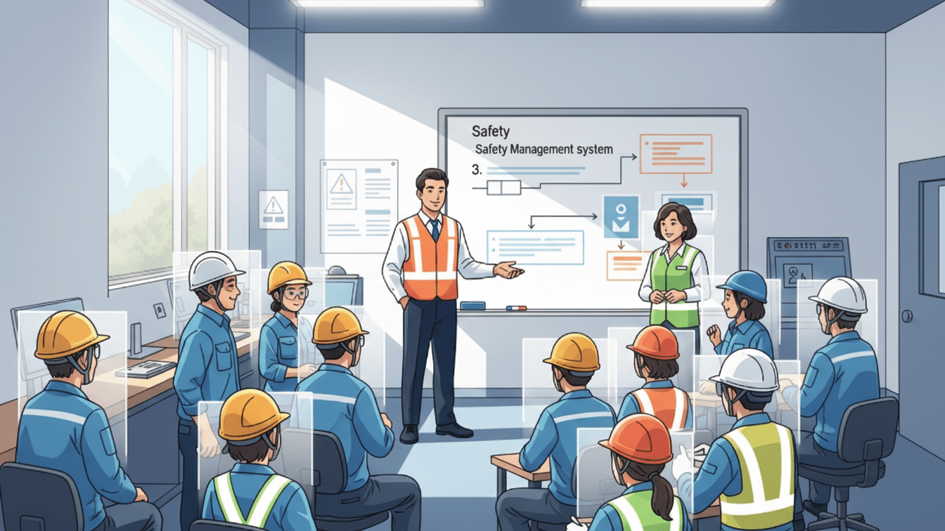 50인 미만 사업장 안전보건관리체계 구축 성공 사례를 상징하는 이미지. 안전 장비를 착용한 근로자들과 관리자가 성공적인 위험성 평가 시스템을 논의하고 있다.