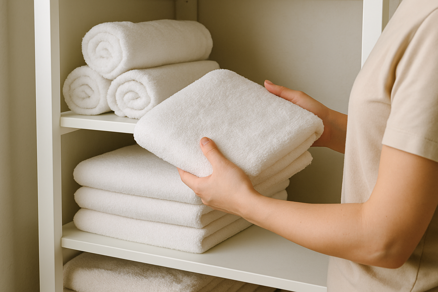 세탁 후 깨끗한 수건 수납장 정리