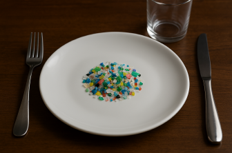 플라스틱 오염이 인간 식탁까지 도달했음을 상징적으로 표현한 이미지.