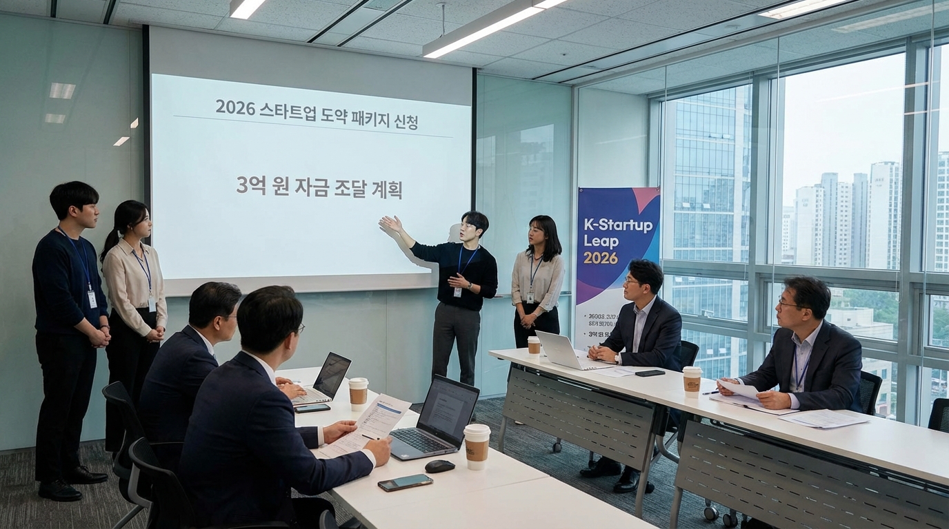 2026년 창업도약패키지 지원을 통해 3억 원의 자금을 확보하려는 한국 기업의 회의 장면