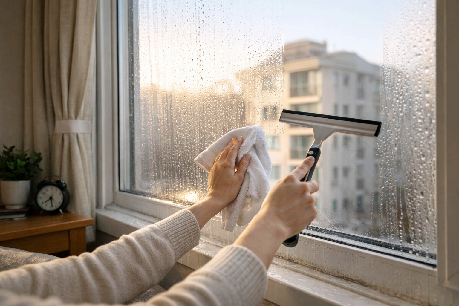 겨울철 결로 방지를 위해 창문 물기를 닦는 모습