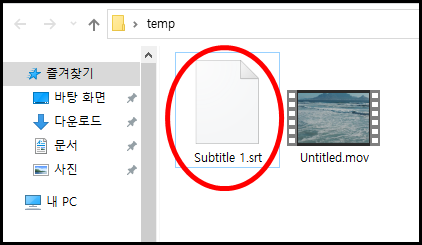 파일 탐색기로 자막이 저장된 위치로 이동해서 생성된 Subtitle 1.srt 자막 파일의 존재를 확인하는 화면