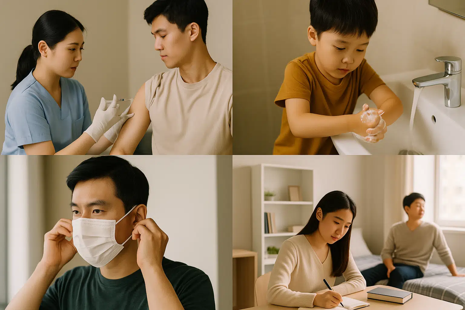 예방접종, 손 씻는 모습, 마스크 착용, 기숙사 생활