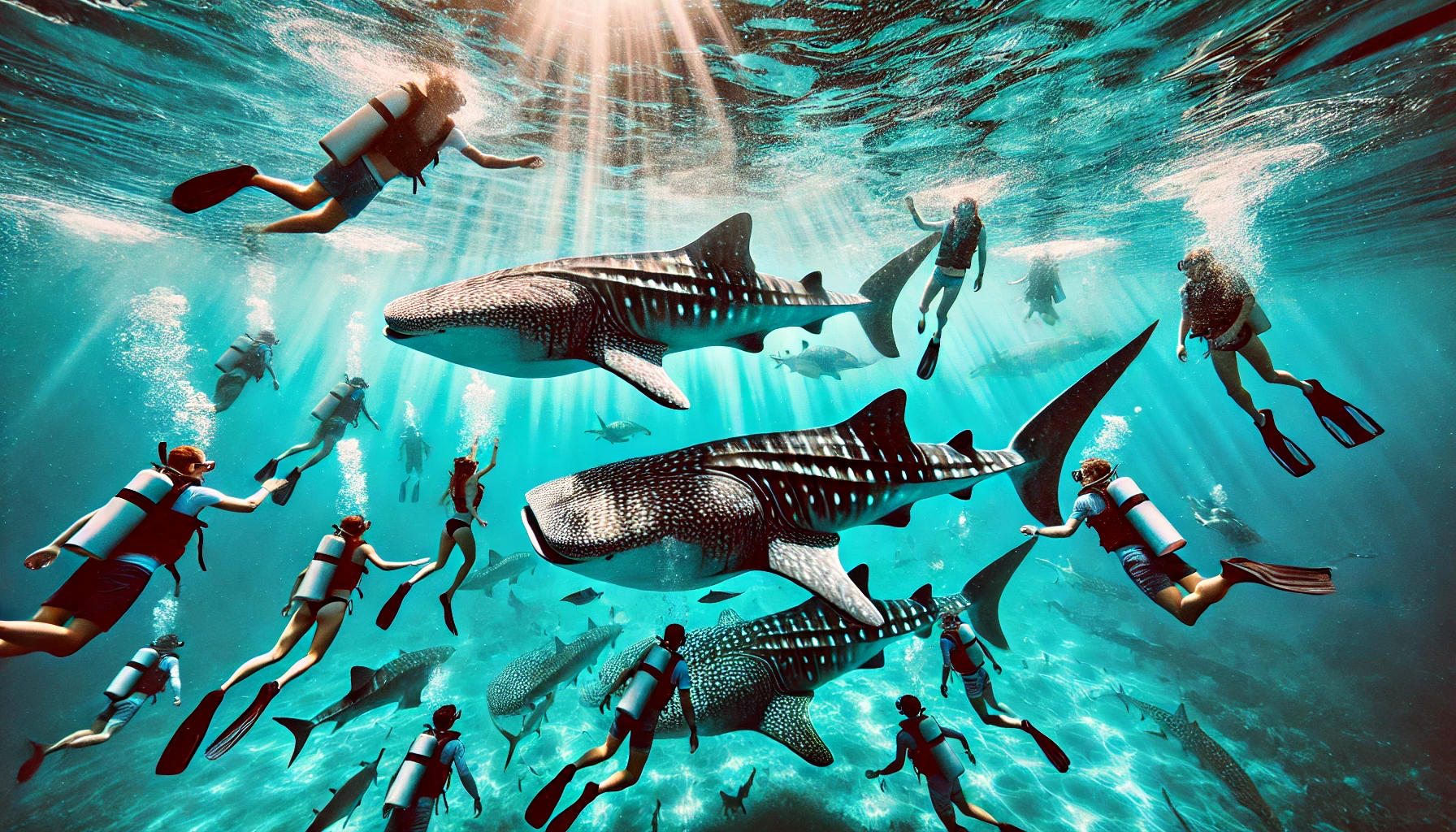 맑은 바다에서 고래상어와 함께 수영하는 여행자들의 모습, 고래상어의 웅장한 모습이 돋보이는 장면