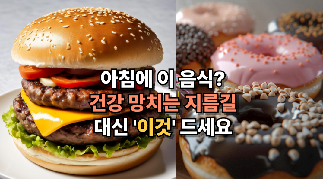 건강에 해로운 아침식사 예시로 햄버거와 도넛을 보여주는 경고성 이미지, 대신 먹어야 할 음식 강조